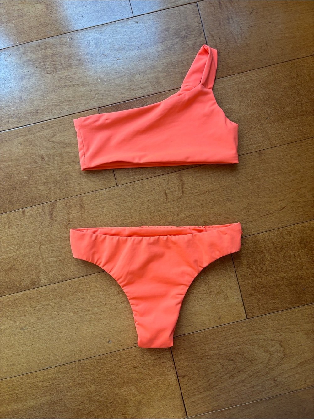 Tan Lined Kids One-Shoulder Bikini Set - Neon Coral 4T